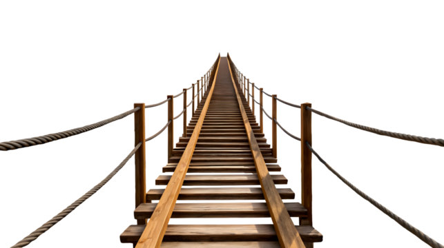 A long wooden suspension bridge with rope handrails stretches steeply upward between two rocky cliffs disappearing into the horizon