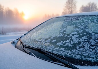 Intricate fern-like frost crystals cover a car windshield during a misty, cold winter sunrise, highlighting freezing temperatures