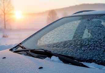 Intricate fern-like frost crystals cover a car windshield during a misty, cold winter sunrise, highlighting freezing temperatures