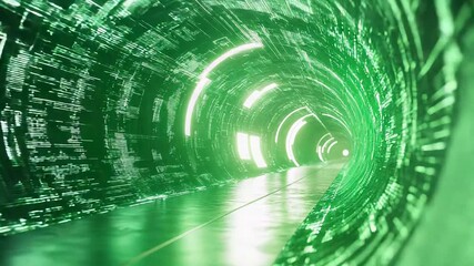Digital data flowing through futuristic green tunnel - Powered by Adobe