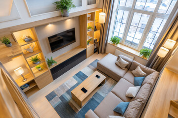 A bright living room shows a laptop on a coffee table beside a soft sofa and indoor plants. Sunlight fills the space, creating a warm atmosphere for relaxed work at home.
