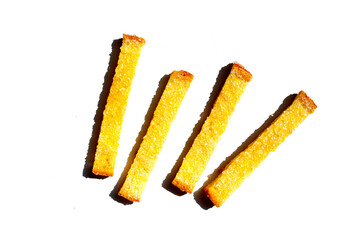 Sweet, sugar-coated crispy toast sticks.