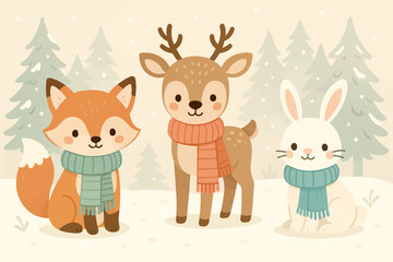 Naklejka premium Cartoon fox deer and rabbit wearing scarves in a snowy forest illustration art