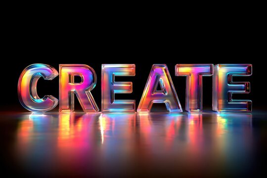 Luminous "CREATE" Text: Colorful Glass Letters on Reflective Surface - Powered by Adobe