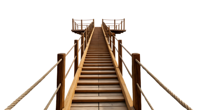 An upward view of a rustic wooden bridge with steps and rope handrails climbing towards a viewing platform isolated on a white background