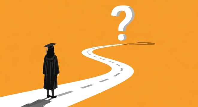 Graduate stands on winding road with a question mark above her head