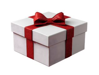 Blank white gift box open or top view of white present box tied with red ribbon bow isolated on dark red background with shadow minimal conceptual 3D rendering