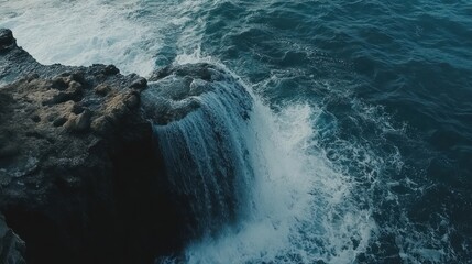 Waterfall at the edge of a cliff, plunging directly into the ocean, dramatic coastal scenery