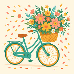 Fototapeta premium Illustration of a teal bicycle with a basket full of flowers and falling leaves around