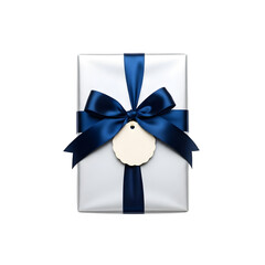 White gift box with blue ribbon and tag isolated on transparent background