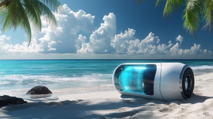 Portable water desalination unit, compact and futuristic, resting on a tropical beach, converting seawater with visible vapor, clean technology