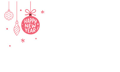 Happy new year ornament border vector, pink hanging baubles with bow and sparkles on white background, minimal festive corner design for greeting card, banner, and template.