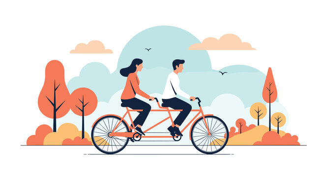 A couple rides a tandem bicycle through a scenic park on a pleasant day, enjoying leisure time together. - Powered by Adobe