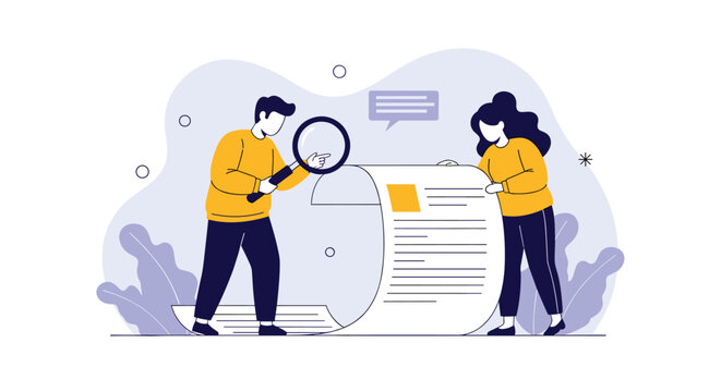 A team of professionals uses a magnifying glass to thoroughly examine a long document, representing detailed research and collaborative review.