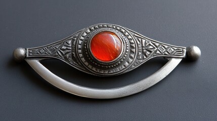 Berber silver fibula (brooch), traditional Tuareg design, inlaid with carnelian that glows faintly, desert sun lighting