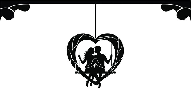 Silhouetted couple in a heart-shaped swing, embracing with love and tenderness against a white background.