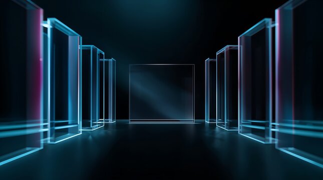 Abstract glowing glass rectangles in a dark futuristic tunnel