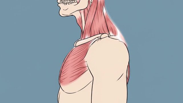 Minimalist 2D Animation Demonstrating Trapezius Muscle Anatomy Showing Muscular Structure and Skeletal Detail On A Muted Teal Background With Subtle Lighting