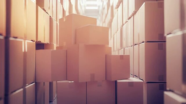 Warehouse with many stacks of cardboard boxes for shipping