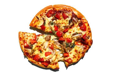 Vegetarian pizza topped with melted cheese, mushrooms, onions, and tomatoes.