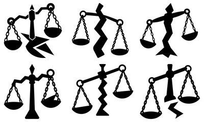 Illustrations of broken scales of justice in various states of disrepair shown