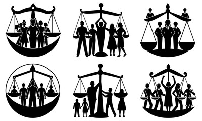 Illustrations of scales of justice with groups of people in black silhouette