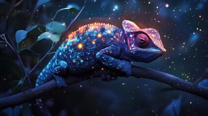 Chameleon whose skin shifts to perfectly mirror a starry night sky, clinging to an invisible branch, cosmic glow