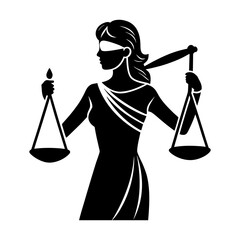 Illustration of lady justice with blindfold holding scales in a black silhouette