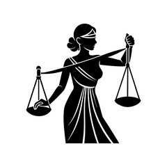 Illustration of lady justice holding scales with blindfold in black and white
