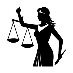 Silhouette of lady justice holding scales and a quill in black and white design