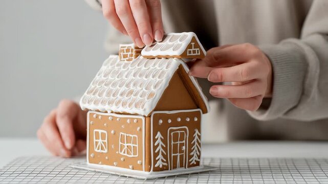 Closeup of hands decorating a gingerbread house with white icing, creating festive holiday patterns on the roof and walls. Cozy winter atmosphere and creative Christmas tradition captured indoors