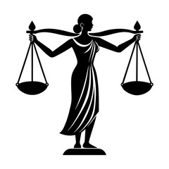 Silhouette of a woman holding scales of justice with draped fabric design art