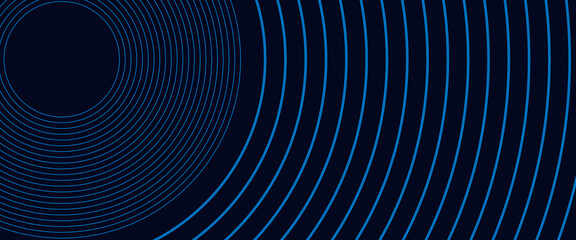 Abstract blue glowing geometric lines on dark blue background. Modern shiny blue circle lines pattern. Futuristic technology concept.