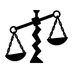 A broken black scale of justice with chains and balance isolated on white background