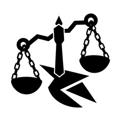 Illustration of a black scales of justice with broken base on a white background