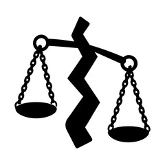 Illustration of a broken scales of justice with chains and balance pans in black