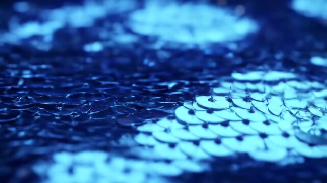 Closeup of shimmering blue and turquoise reversible sequin fabric creating a dynamic and sparkling texture that changes color with movement perfect for fashion craft and abstract backgrounds.