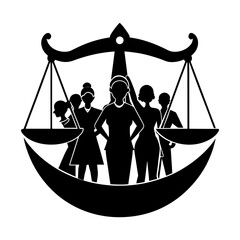 Silhouette of women standing within the scales of justice in black and white