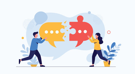 Man and woman collaboratively fitting together two halves of a puzzle-shaped speech bubble, signifying the importance of communication and mutual understanding.