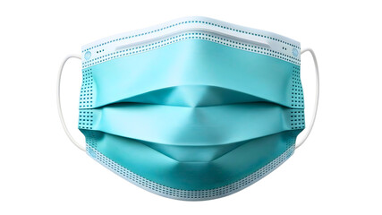 Close up of a blue surgical face mask with white ear loops on transparent background