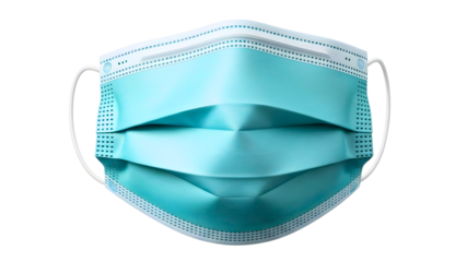 Close up of a blue surgical face mask with white ear loops on transparent background