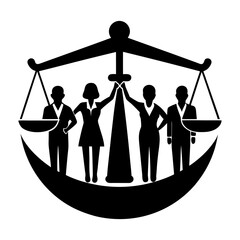 Silhouette of people standing under scales of justice in black and white style