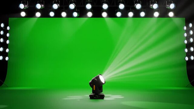 Dynamic spotlight beam illuminates a vibrant green screen studio setup creating a versatile backdrop for chroma key effects and virtual production ideal for film television and digital content creati.