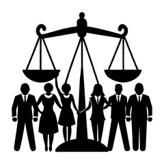 Silhouette of people standing under scales of justice representing equality