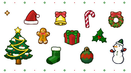 Cute 8bit pixel Christmas icons set with transparent background