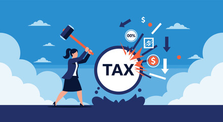 A determined businesswoman uses a sledgehammer to break a target labeled 'TAX,' symbolizing tax reduction, financial relief, or breaking free from high taxation.