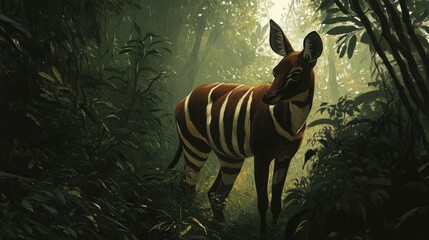 Okapi, its striped legs like intricate tribal markings, velvety fur, shy and gentle, filtered rainforest light
