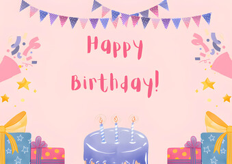 Festive birthday scene with purple cake, lit candles, wrapped presents, colorful confetti, and cheerful bunting on a soft pink backdrop.