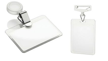 Two blank white plastic id badge holders with clips for events or security access on transparent background