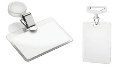 Two blank white plastic id badge holders with clips for events or security access on transparent background